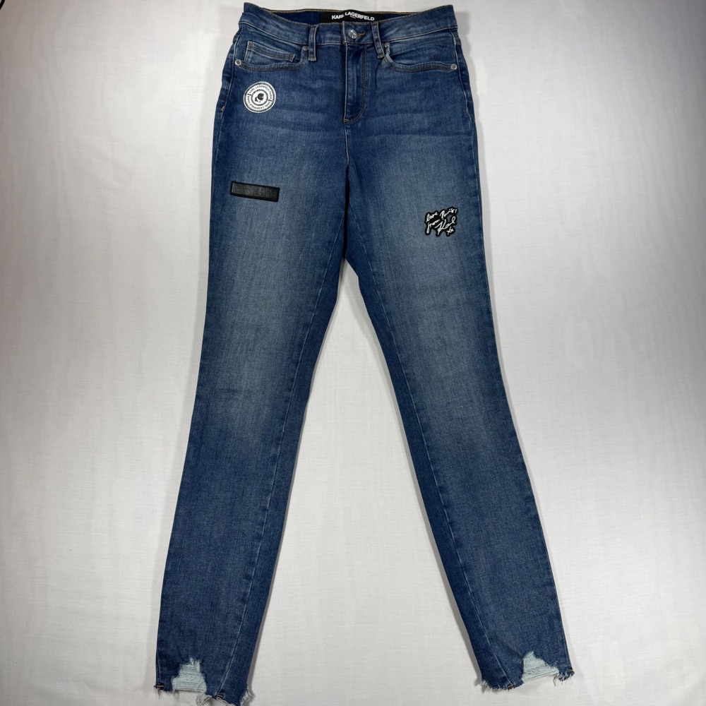 Karl Lagerfeld Paris Graphic Patch Stretch Denim Jeans High Waisted Blue Size 0